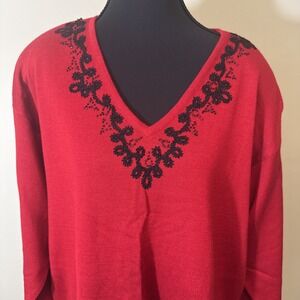 Outlander Woman‎ Sweater Long Sleeve Red With Black Embroidery Beads Size XL